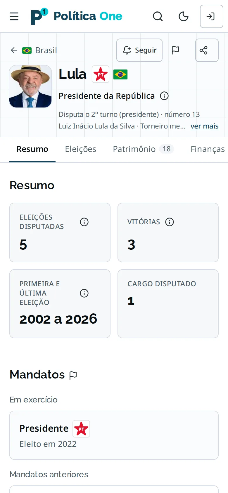 Ficha de Lula no celular: foto, cargo, abas Resumo, Eleições, Patrimônio e Finanças, e os números do resumo.